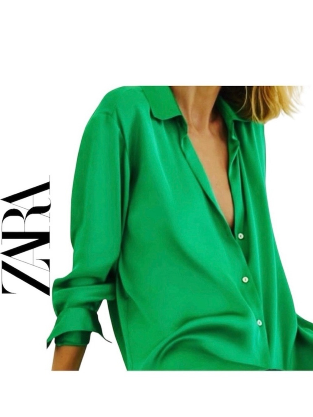 Zara Bright Green Silk-Effect Button Shirt
